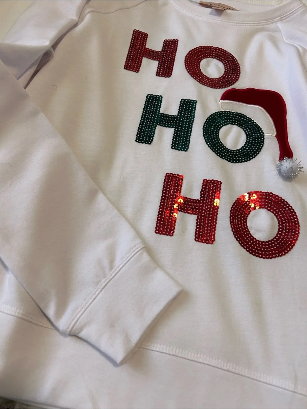 Philosophy White Sweatshirt with Red & Green 'HO HO HO' sequins